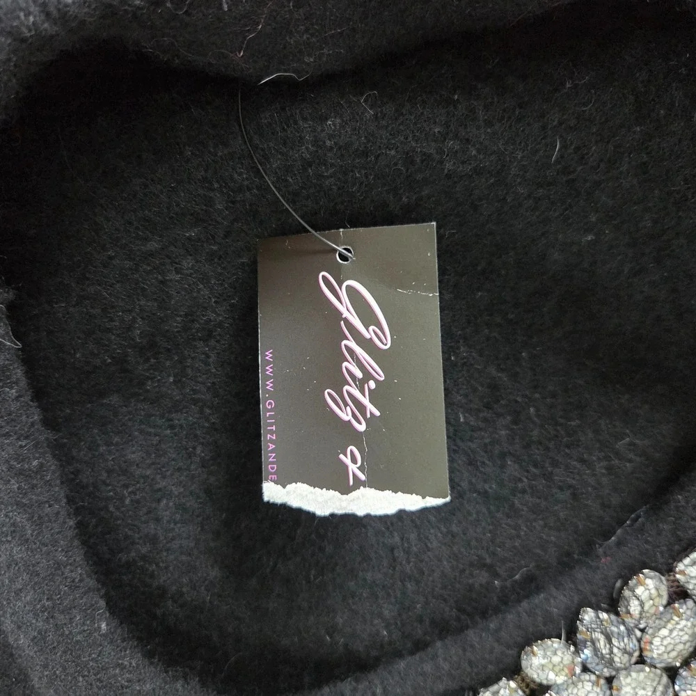 100% Wool Black Beret Hat w/Large Silver Rhinestone Jewel Embellishment